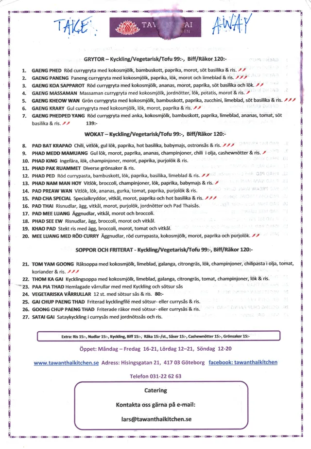 Menyn för Tawan Thai Kitchen, Göteborg