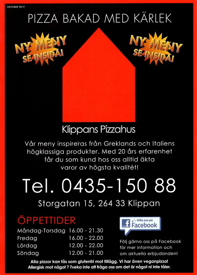Menyn för Klippans Pizzahus, Klippan