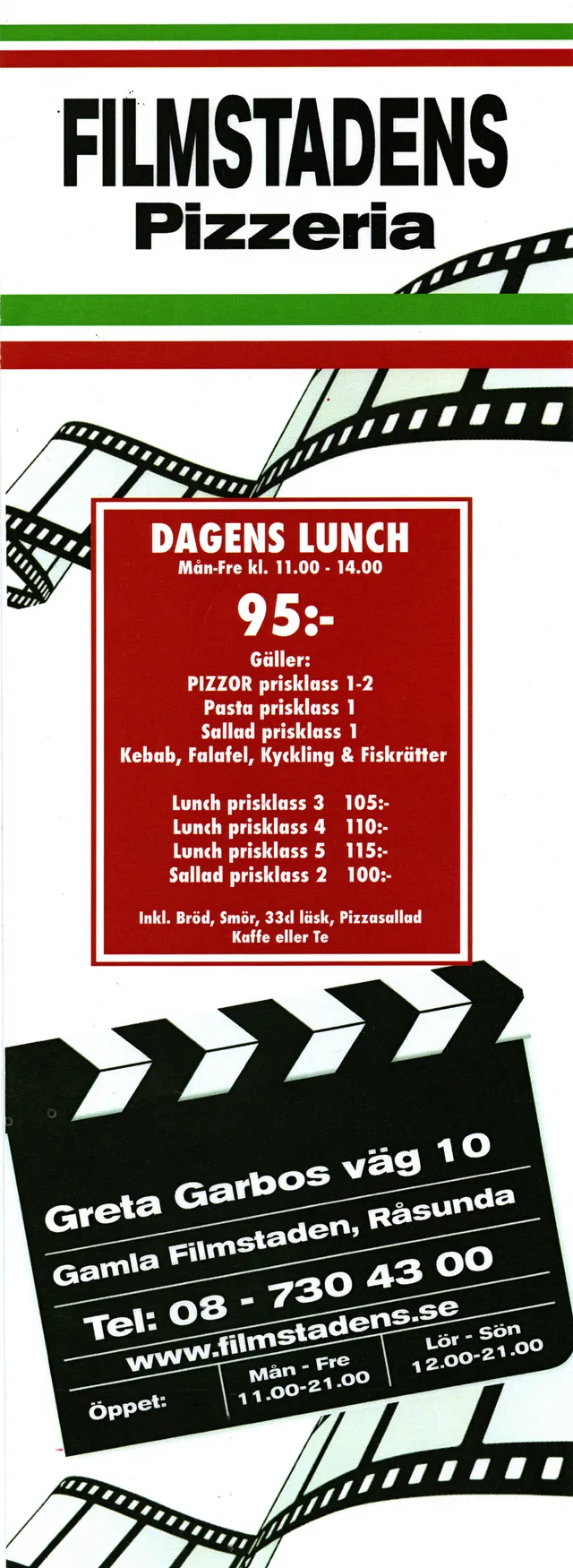 Menyn för Filmstadens Pizzeria, Solna