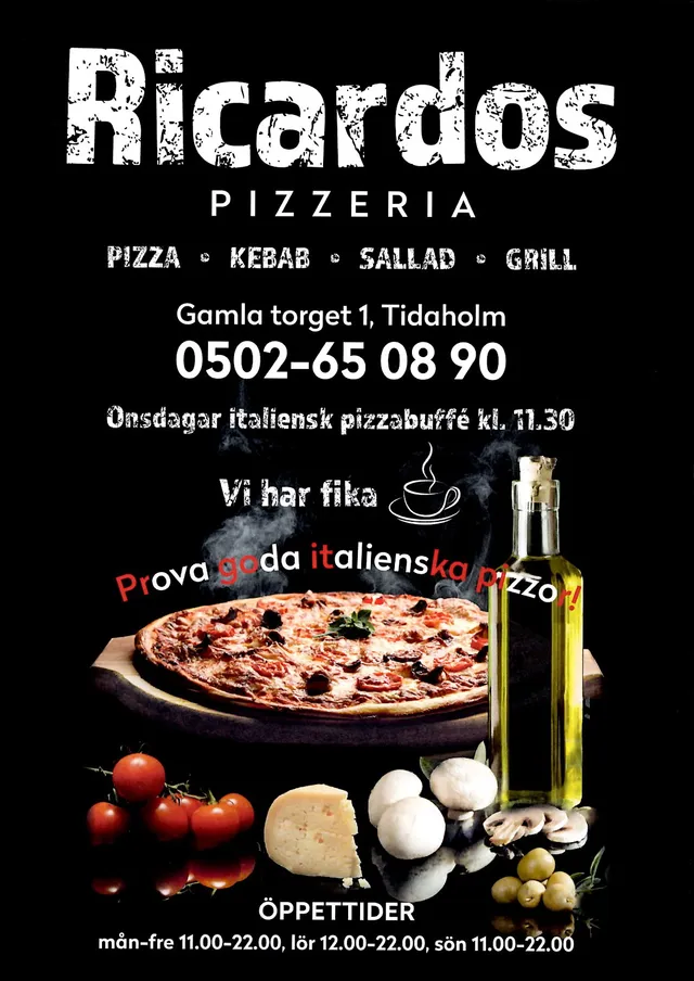 Menyn för Ricardos Pizzeria, Tidaholm