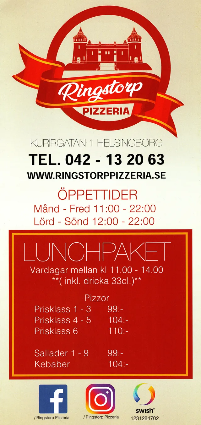 Menyn för Ringstorp Pizzeria, Helsingborg