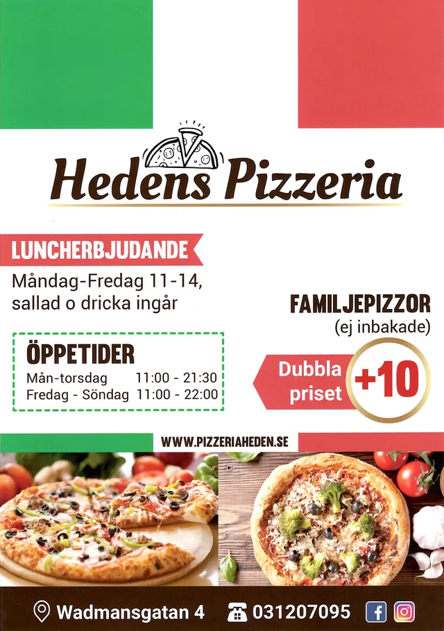Menyn för Hedens Pizzeria, Göteborg
