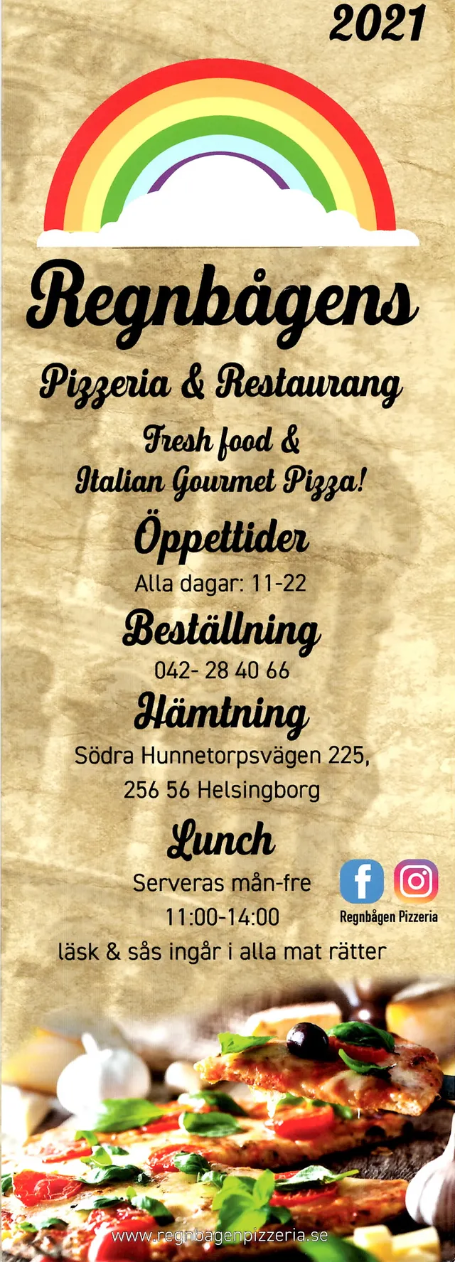 Menyn för Regnbågens Pizzeria, Helsingborg