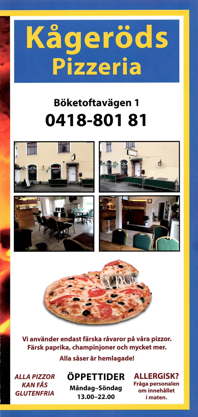 Menyn för Kågeröds Pizzeria, Svalöv