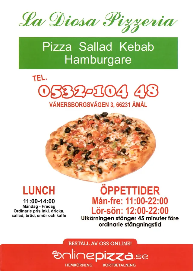 Menyn för La Diosa Pizzeria, Åmål