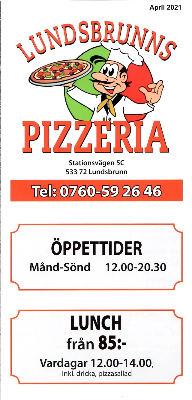 Menyn för Lundsbrunns Pizzeria, Götene