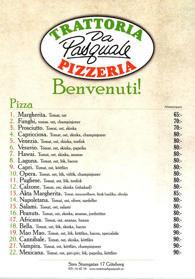 Menyn för Trattoria Da Pasquale Pizzeria, Göteborg