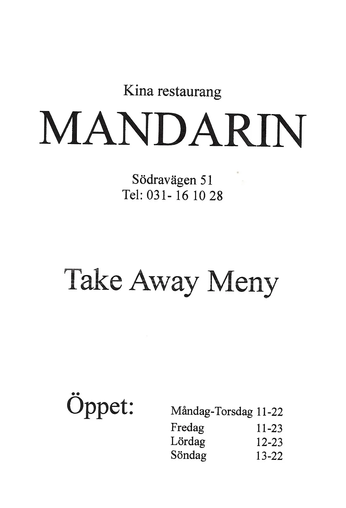 Bild på menyn för Mandarin, Göteborg