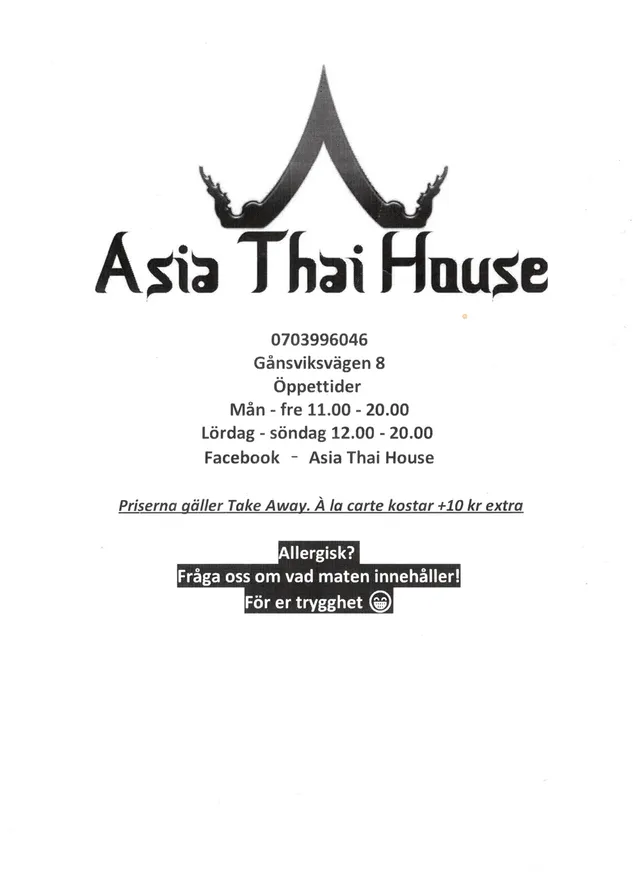 Menyn för Asia Thai House, Härnösand