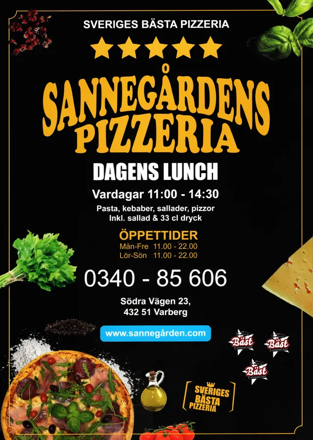 Menyn för Sannegårdens Pizzeria, Varberg