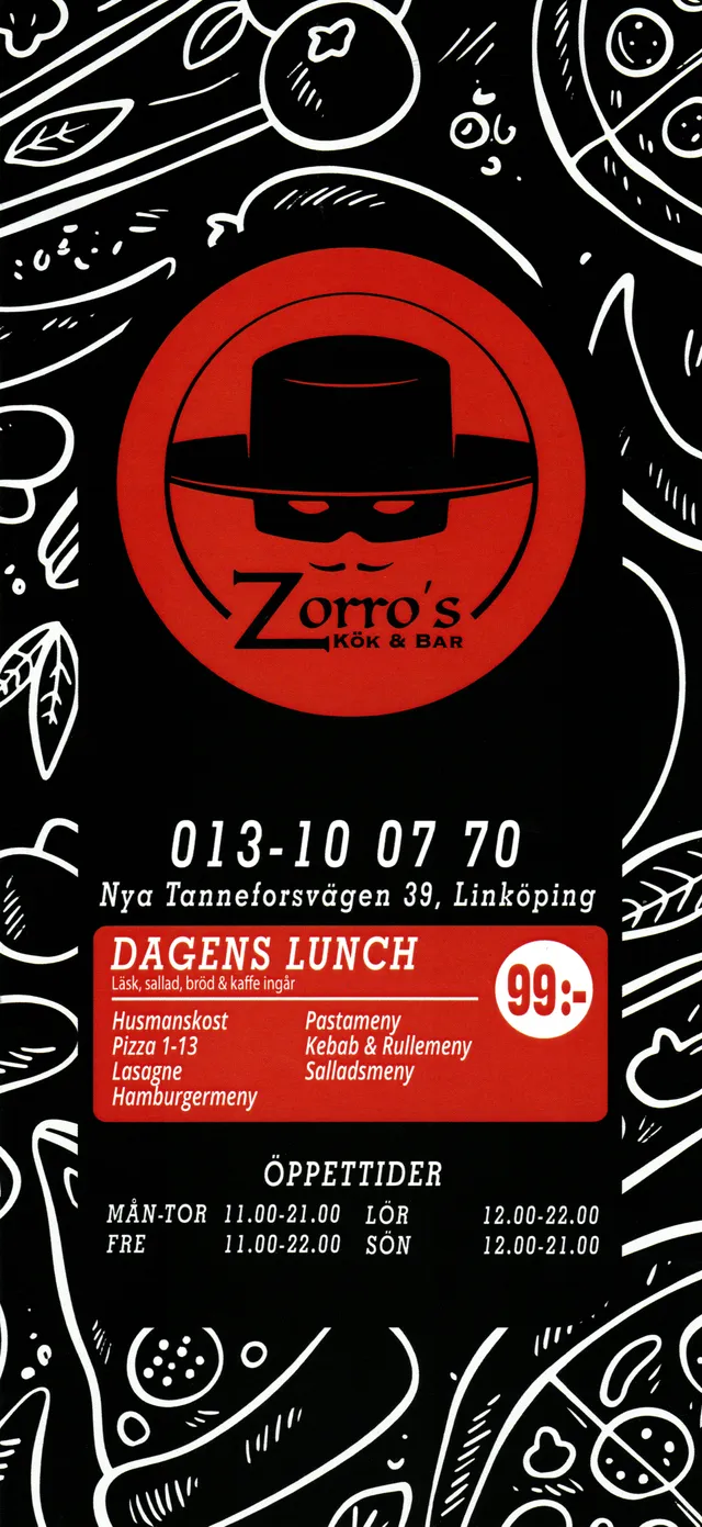 Menyn för Zorro's Kök & Bar, Linköping