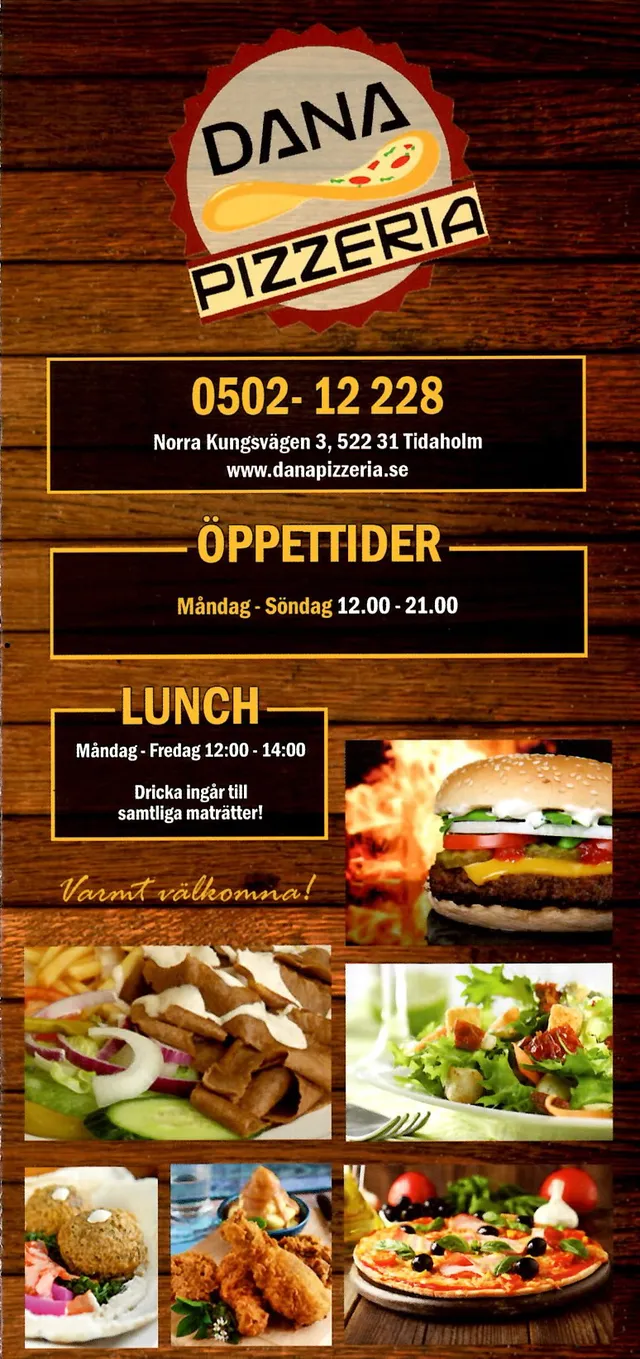 Menyn för Dana Pizzeria, Tidaholm