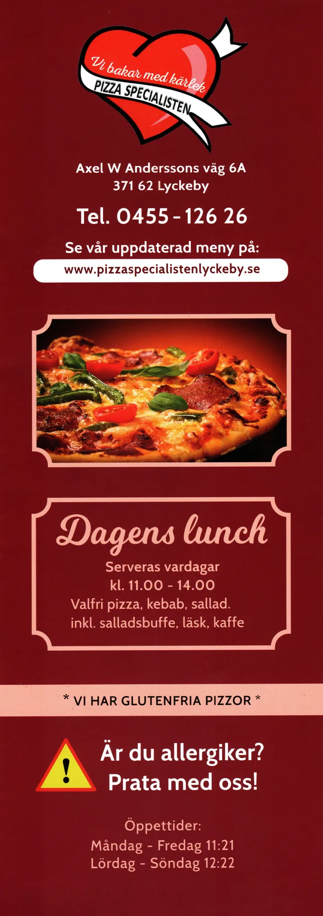 Menyn för Pizza Specialisten, Karlskrona