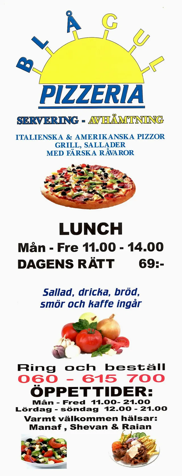 Menyn för Blå-Gul Pizzeria, Sundsvall