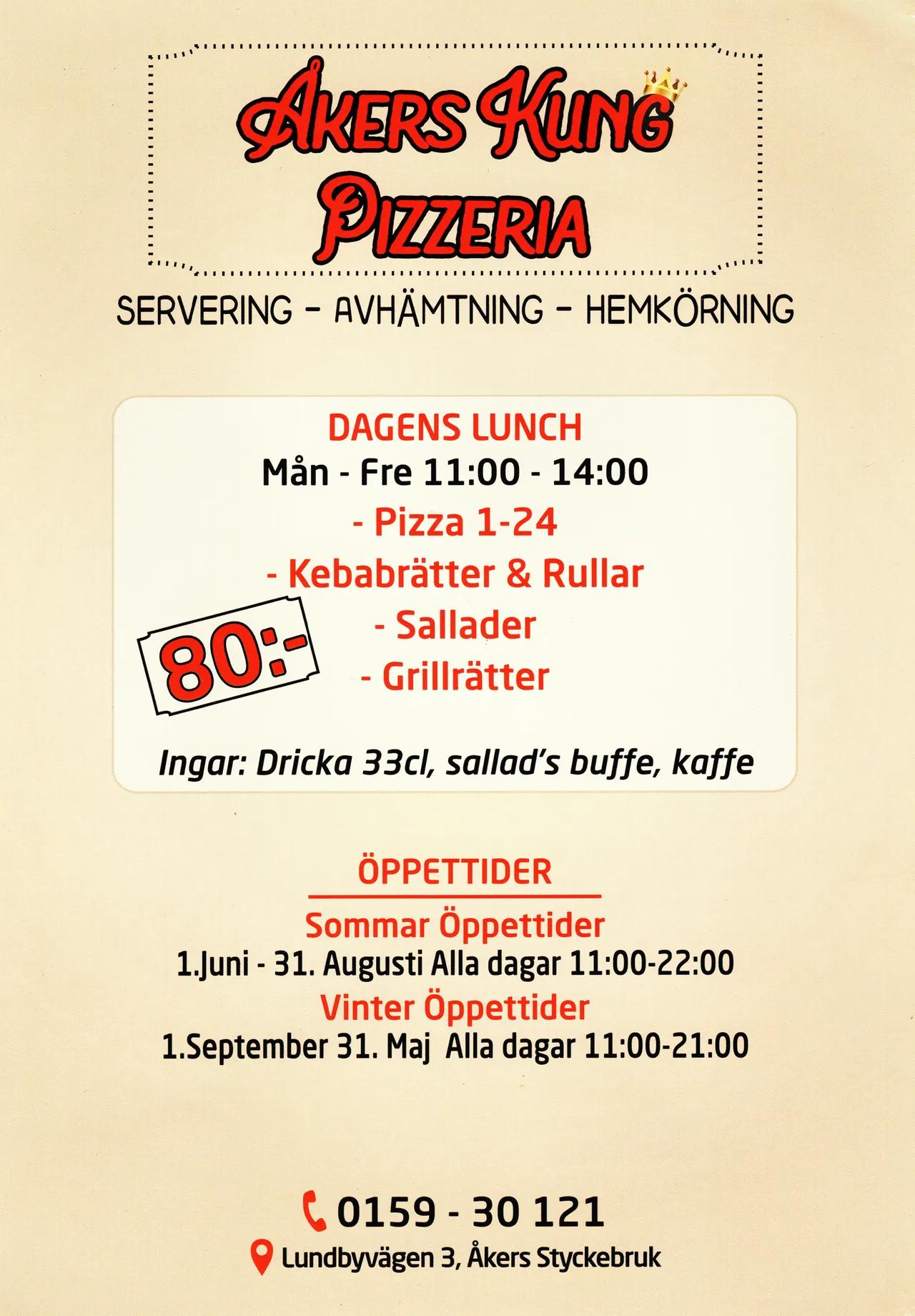 Bild på menyn för Åkers Kung Pizzeria, Strängnäs