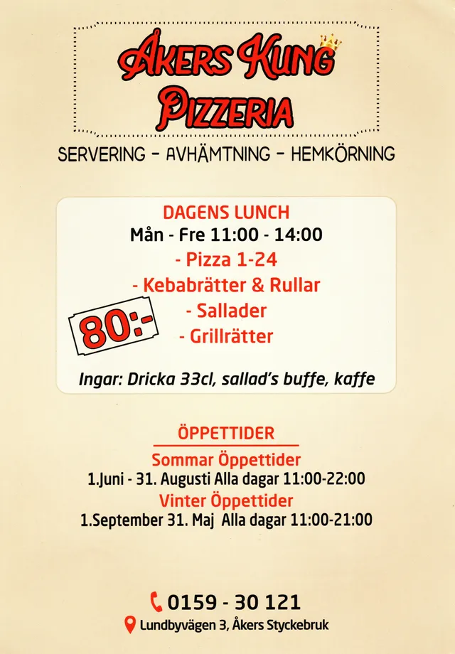 Menyn för Åkers Kung Pizzeria, Strängnäs