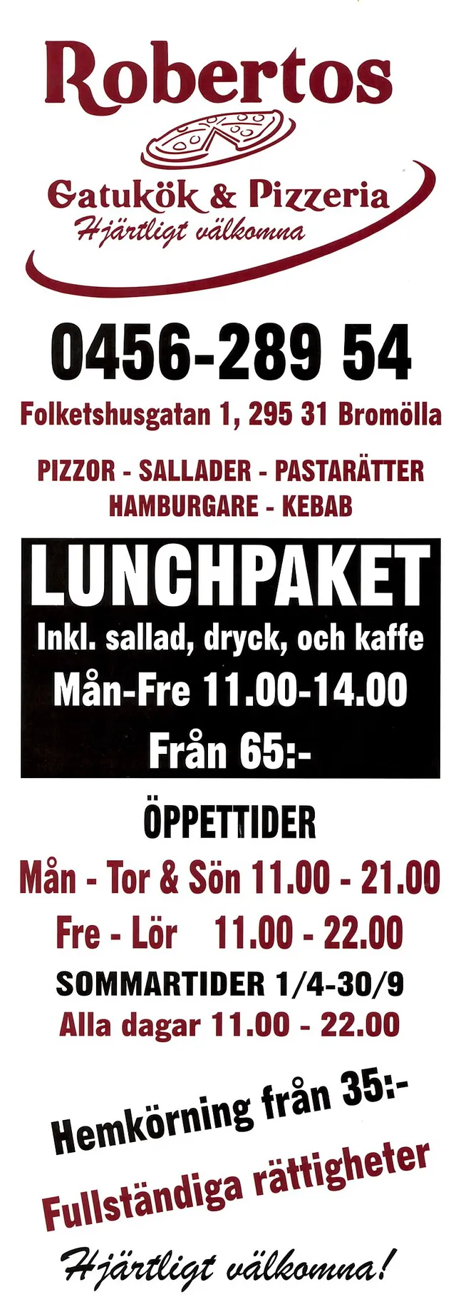 Menyn för Robertos Gatukök & Pizzeria, Bromölla
