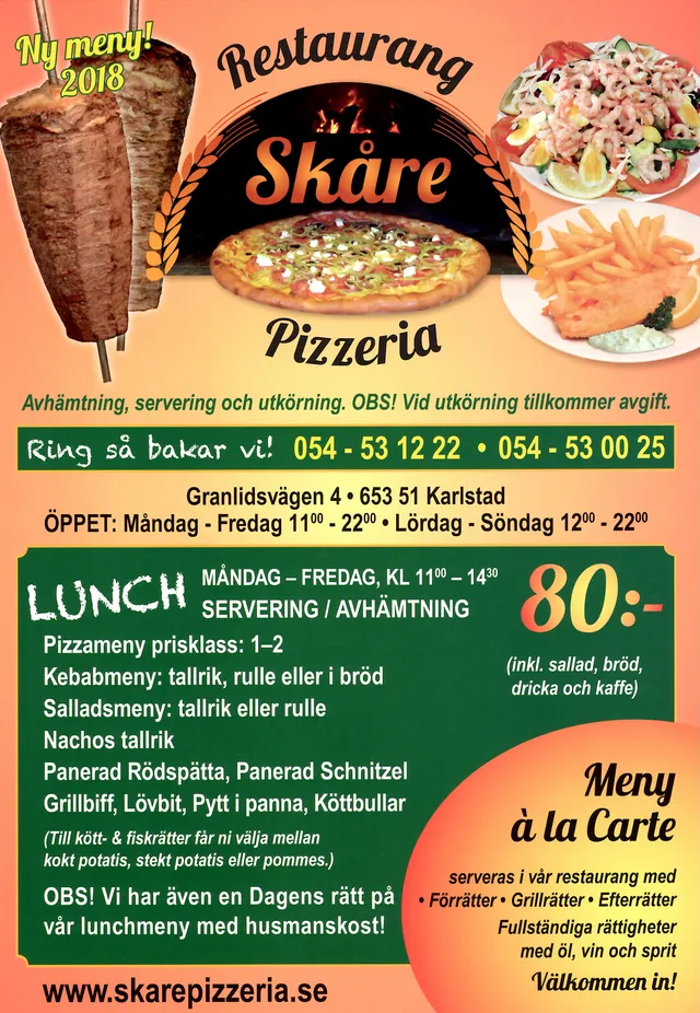 Menyn för Skåre Pizzeria, Karlstad