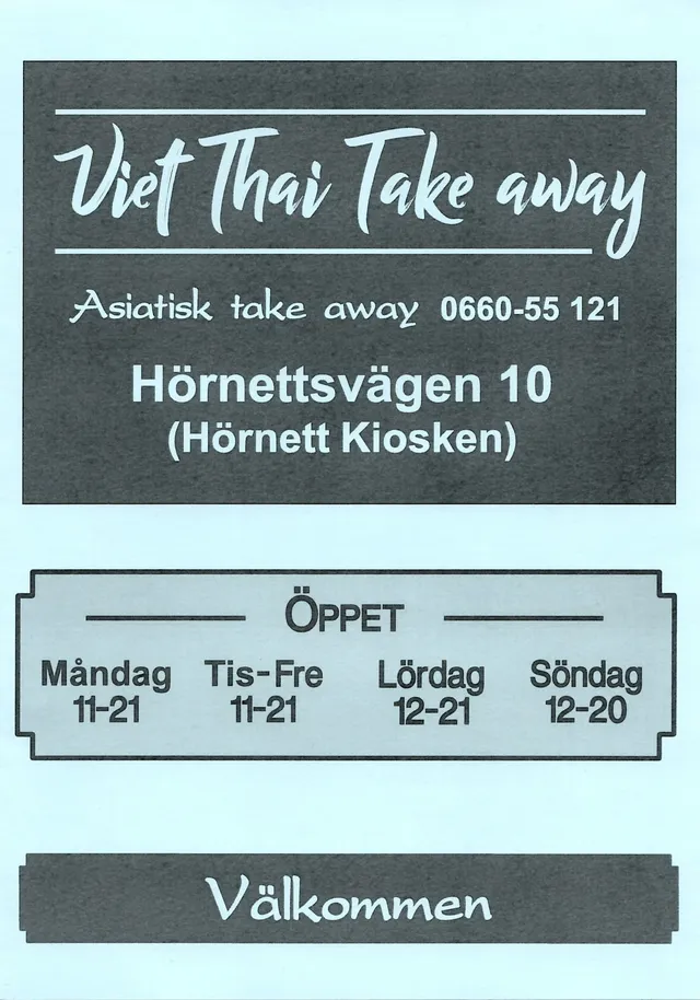 Menyn för Viet Thai Take Away, Örnsköldsvik