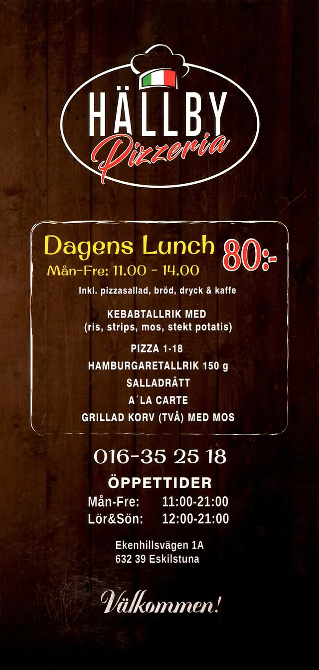 Menyn för Hällby Pizzeria, Eskilstuna
