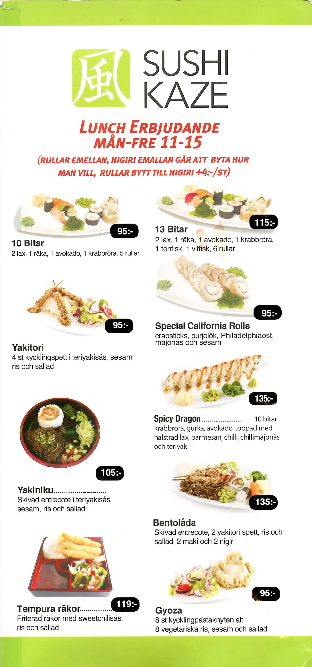 Bild på menyn för Sushi Kaze, Göteborg