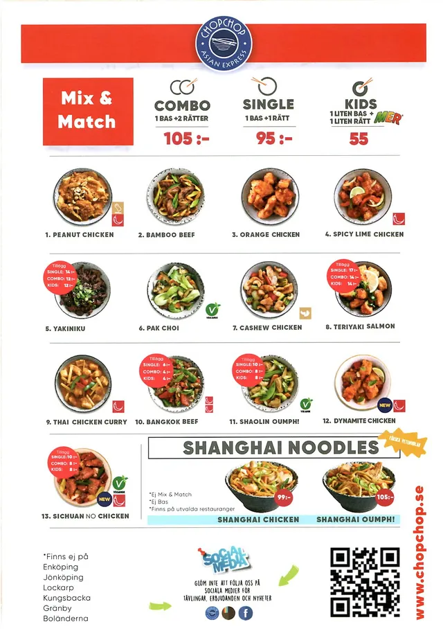 Menyn för Chopchop Asian Express, Trollhättan