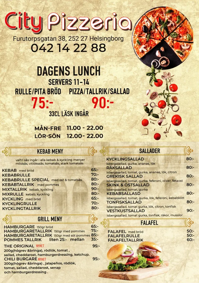 Menyn för City Pizzeria, Helsingborg