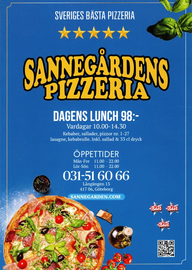 Menyn för Sannegårdens Pizzeria, Göteborg
