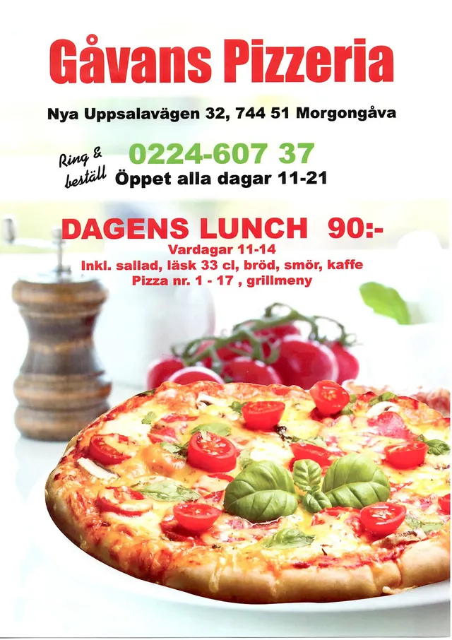 Menyn för Gåvans Pizzeria, Heby