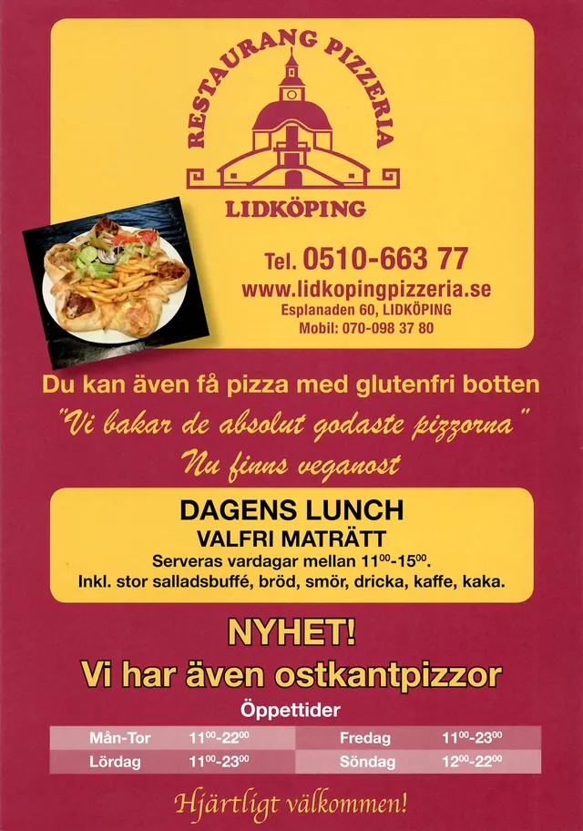 Menyn för Lidköpings Pizzeria, Lidköping