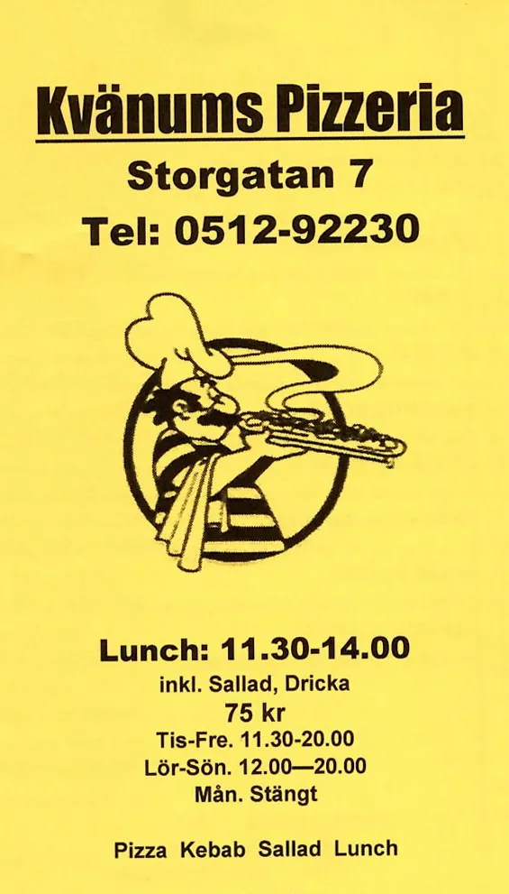Menyn för Kvänums Pizzeria, Vara