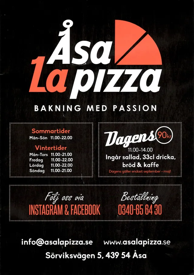 Menyn för Åsa La Pizza, Kungsbacka