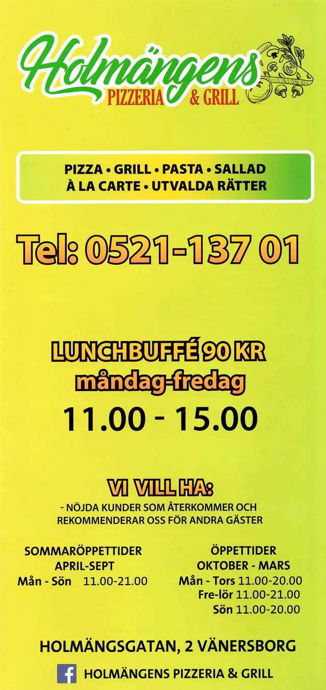 Menyn för Holmängens Pizzeria, Vänersborg