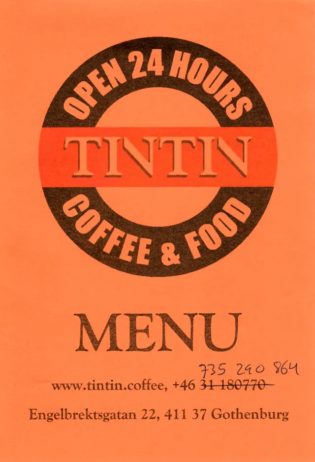 Menyn för Tintin Coffee & Food, Göteborg