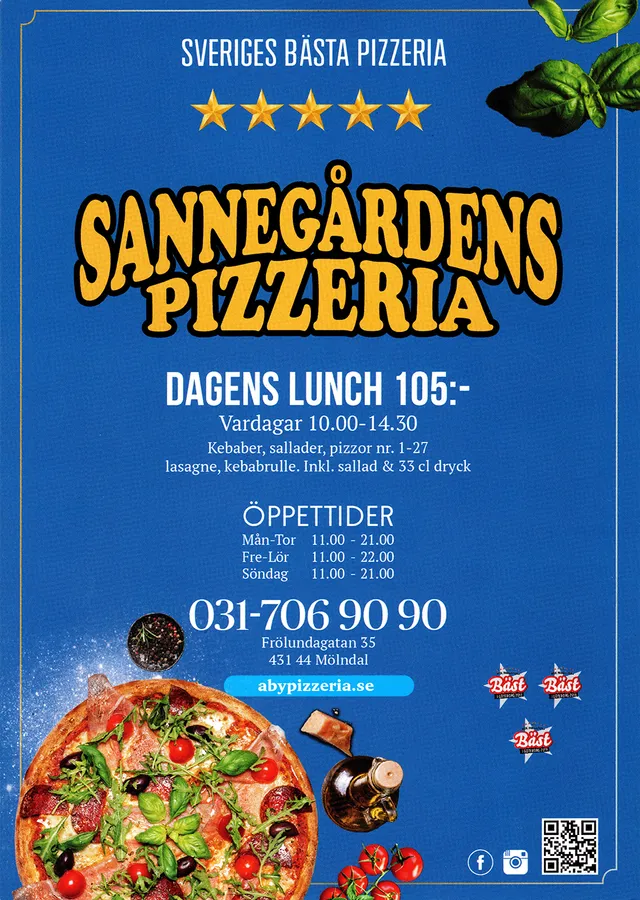 Menyn för Sannegårdens Pizzeria, Mölndal