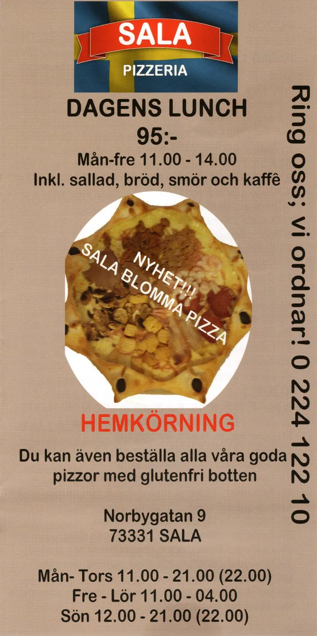 Menyn för Sala Pizzeria, Sala