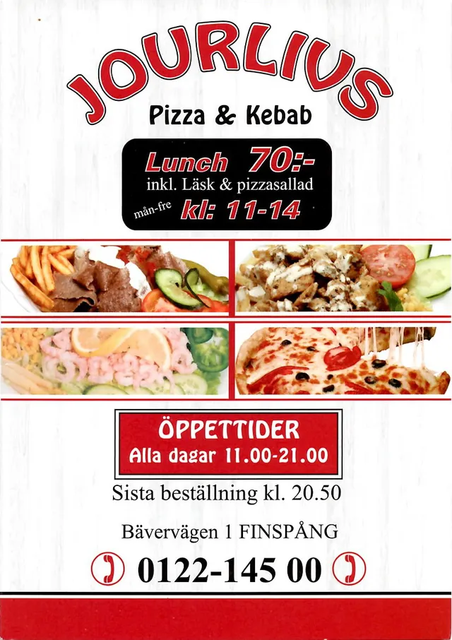 Menyn för Jourlivs Pizza & Kebab, Finspång