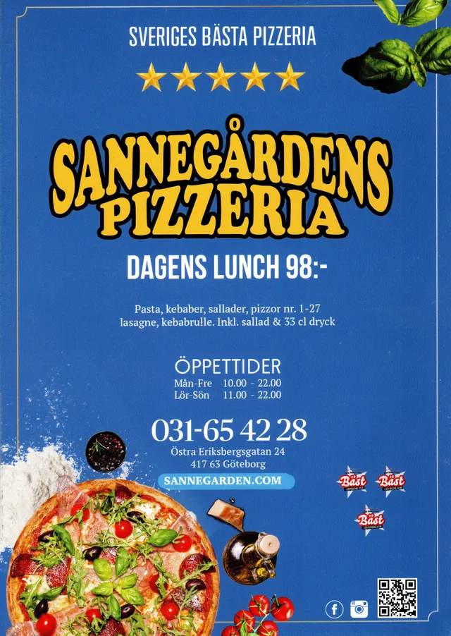 Menyn för Sannegårdens Pizzeria, Göteborg