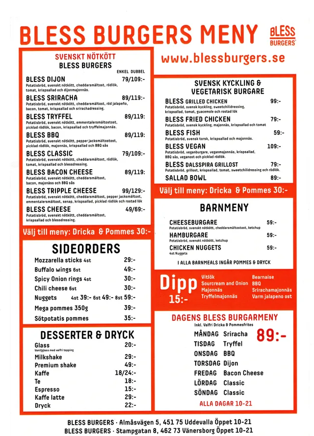 Menyn för Bless Burgers, Uddevalla