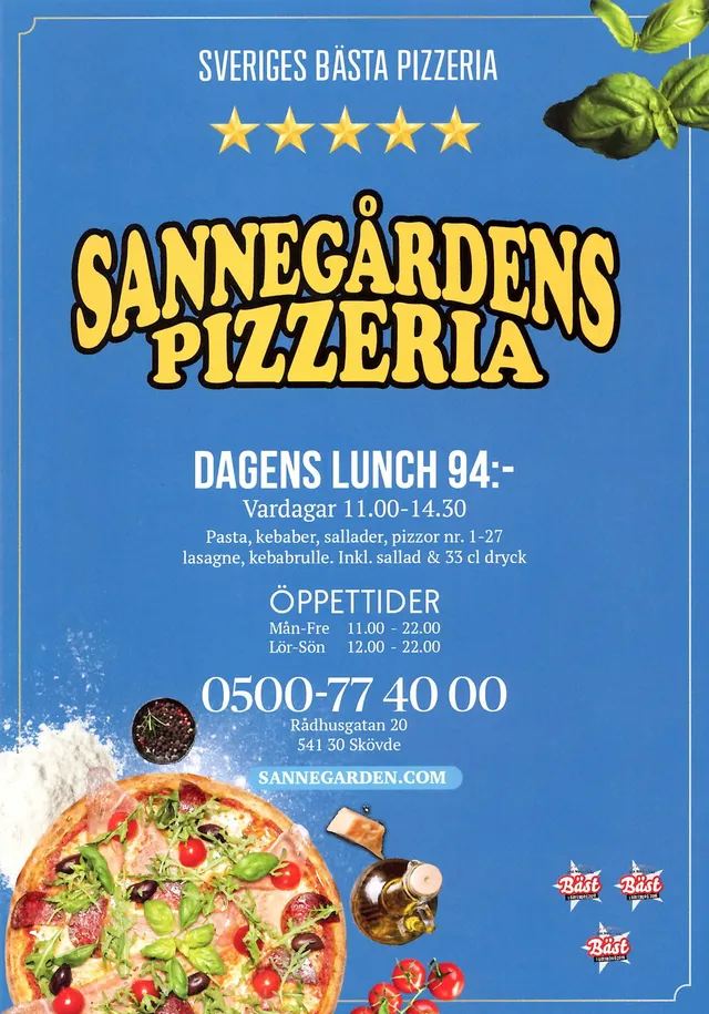 Menyn för Sannegårdens Pizzeria, Skövde