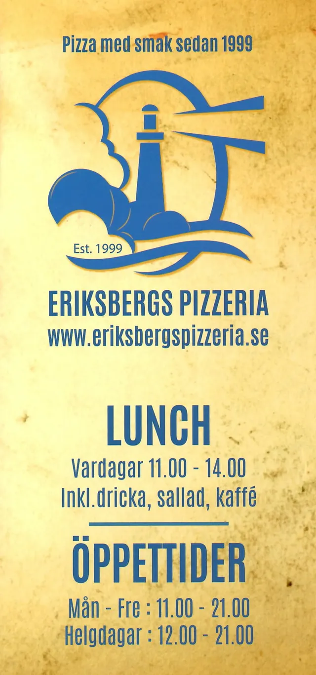 Menyn för Eriksbergs Pizzeria, Göteborg