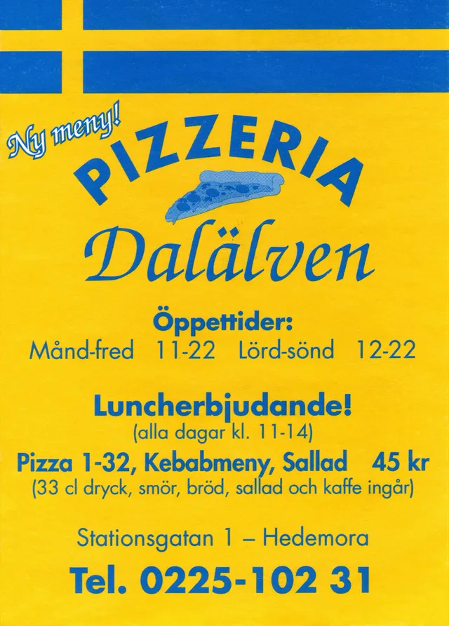 Menyn för Dalälven Pizzeria, Hedemora