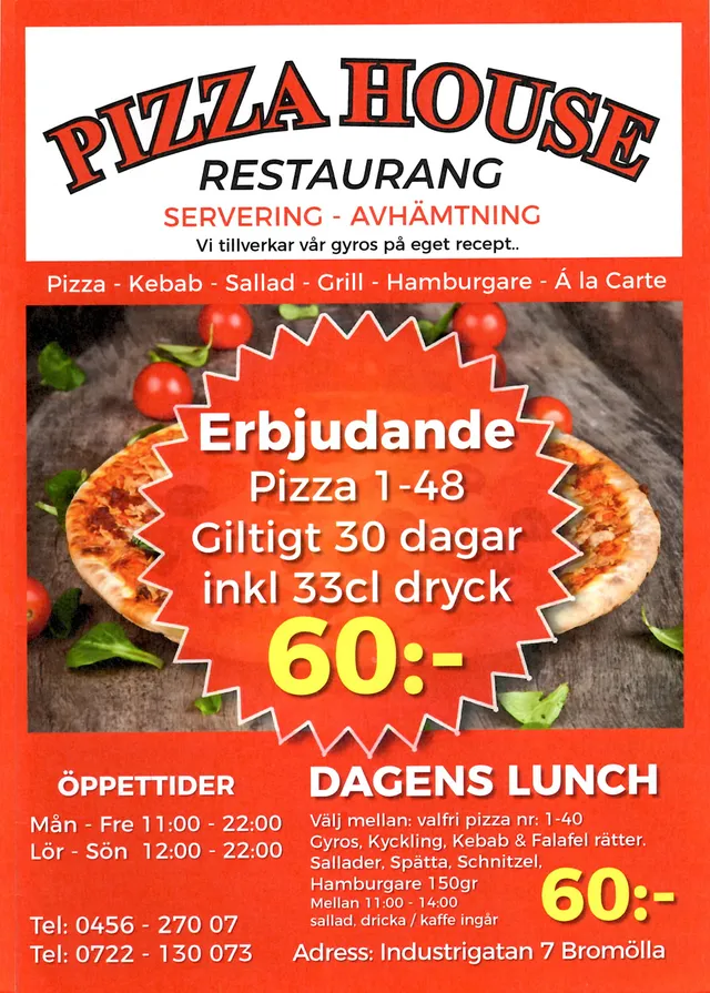 Menyn för Pizza House, Bromölla