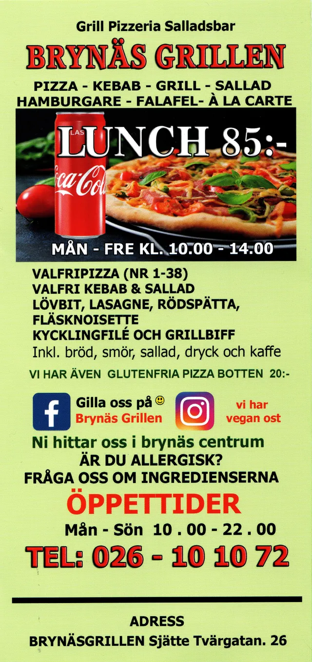 Menyn för Brynäsgrillen, Gävle