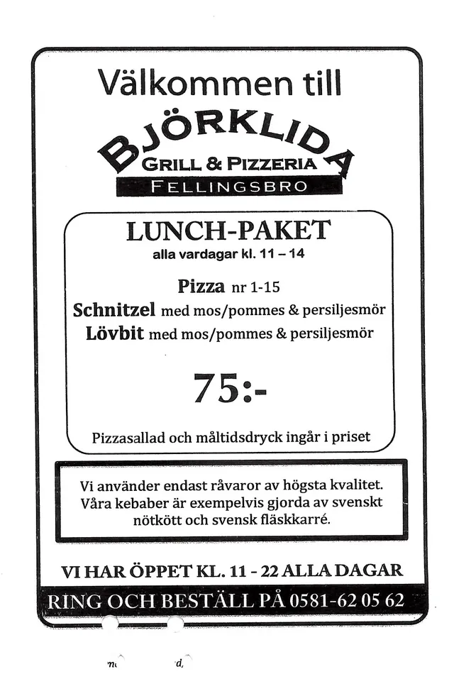 Menyn för Björklida Grill & Pizzeria, Lindesberg