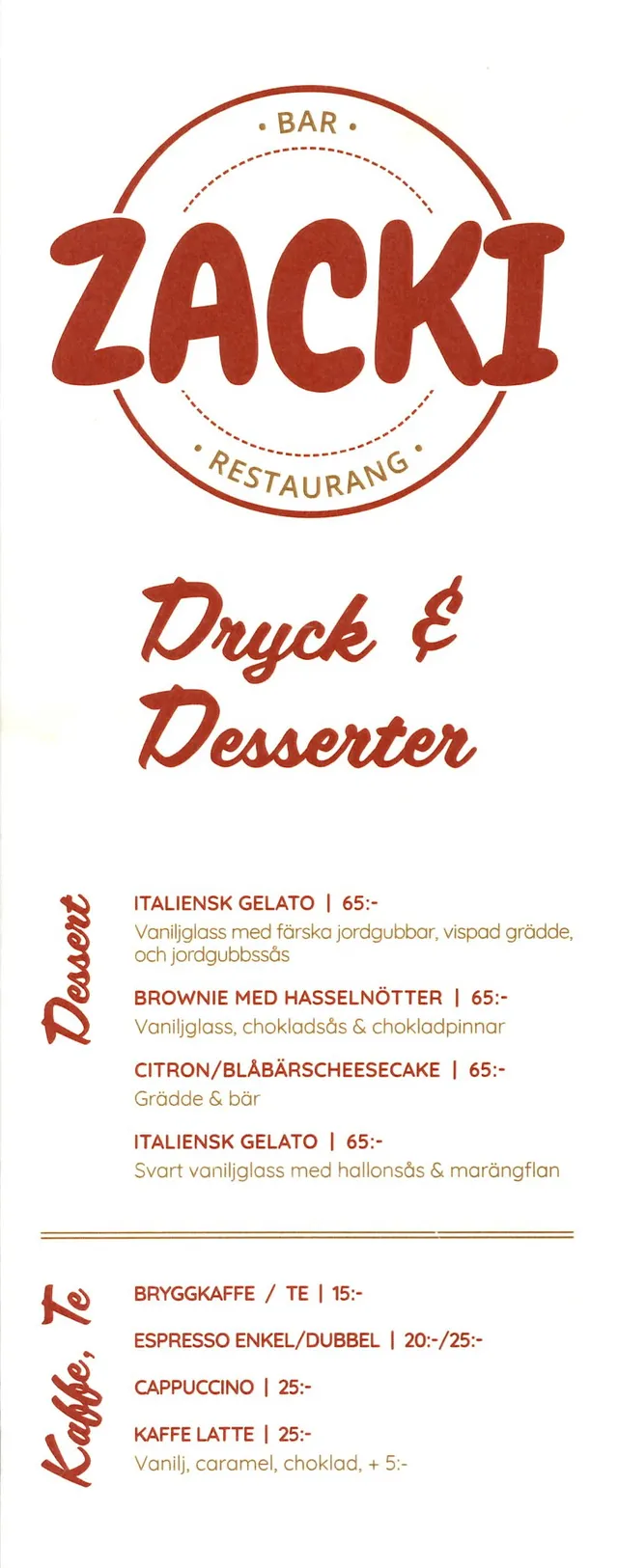 Menyn för Zacki Restaurang, Götene