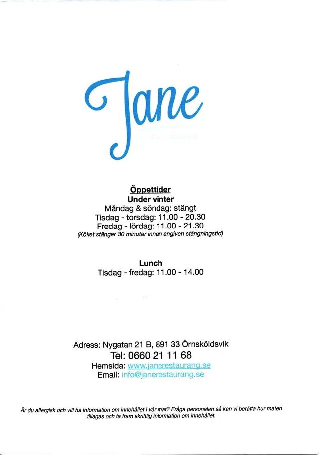 Menyn för Jane Asian Cuisine, Örnsköldsvik