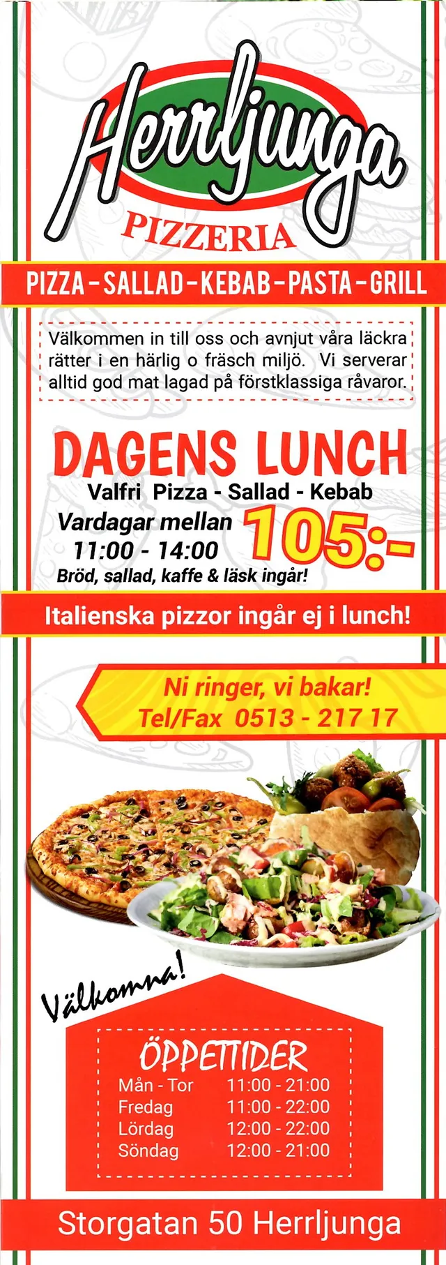 Menyn för Herrljunga Pizzeria, Herrljunga