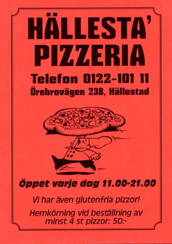 Menyn för Hällesta' Pizzeria, Finspång