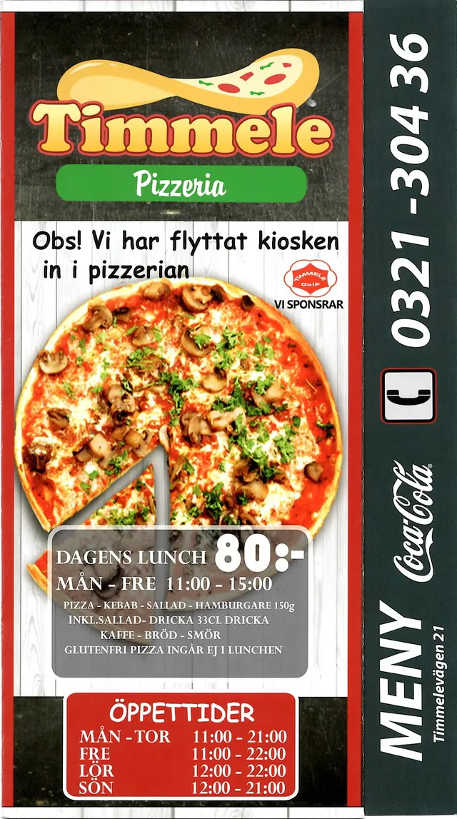 Menyn för Timmele Pizzeria, Ulricehamn